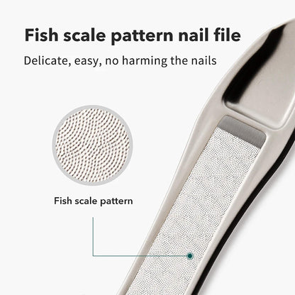 Macro of MR.GREEN integrated fish-scale pattern nail file on lever, gentle micro-texture that smooths edges without scratching nails.