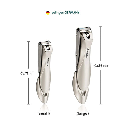Size comparison of MR.GREEN anti-splash clippers—small ~71 mm and large ~93 mm—stainless bodies with ergonomic bionic handles.
