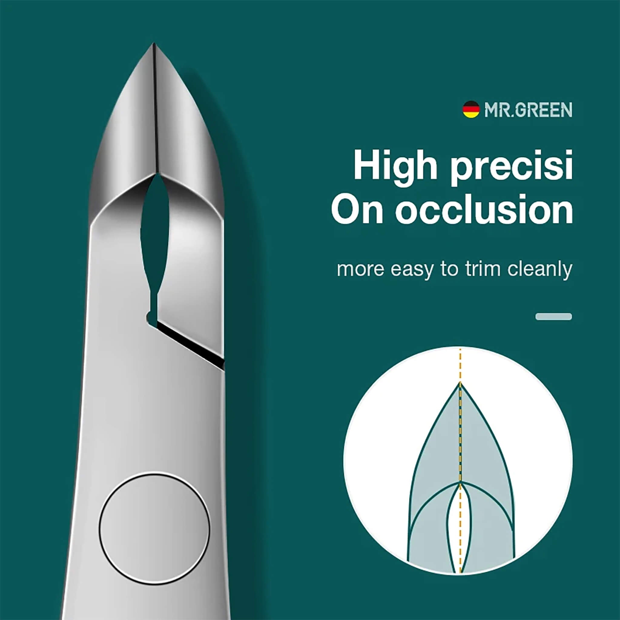 Alicate de cutícula MR.GREEN em aço inox; close da ponta com oclusão de alta precisão e lâmina inclinada 5 mm para cortes limpos.