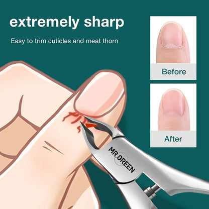 Alicate de cutícula MR.GREEN, lâmina inclinada 5 mm afiada; antes/depois removendo pele morta com corte limpo.