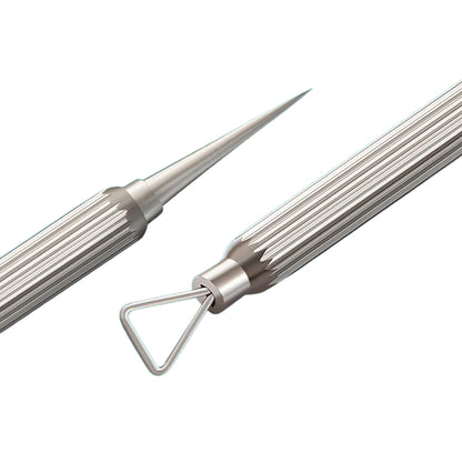 Close-up of MR.GREEN nickel-plated stainless steel acne needle showing triangular loop, sharp lancet tip and anti-slip textured handle.