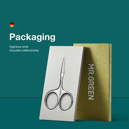 Coffret d’emballage MR.GREEN pour ciseaux visage, boîte rigide premium avec branding officiel, présentation cadeau sur fond vert.