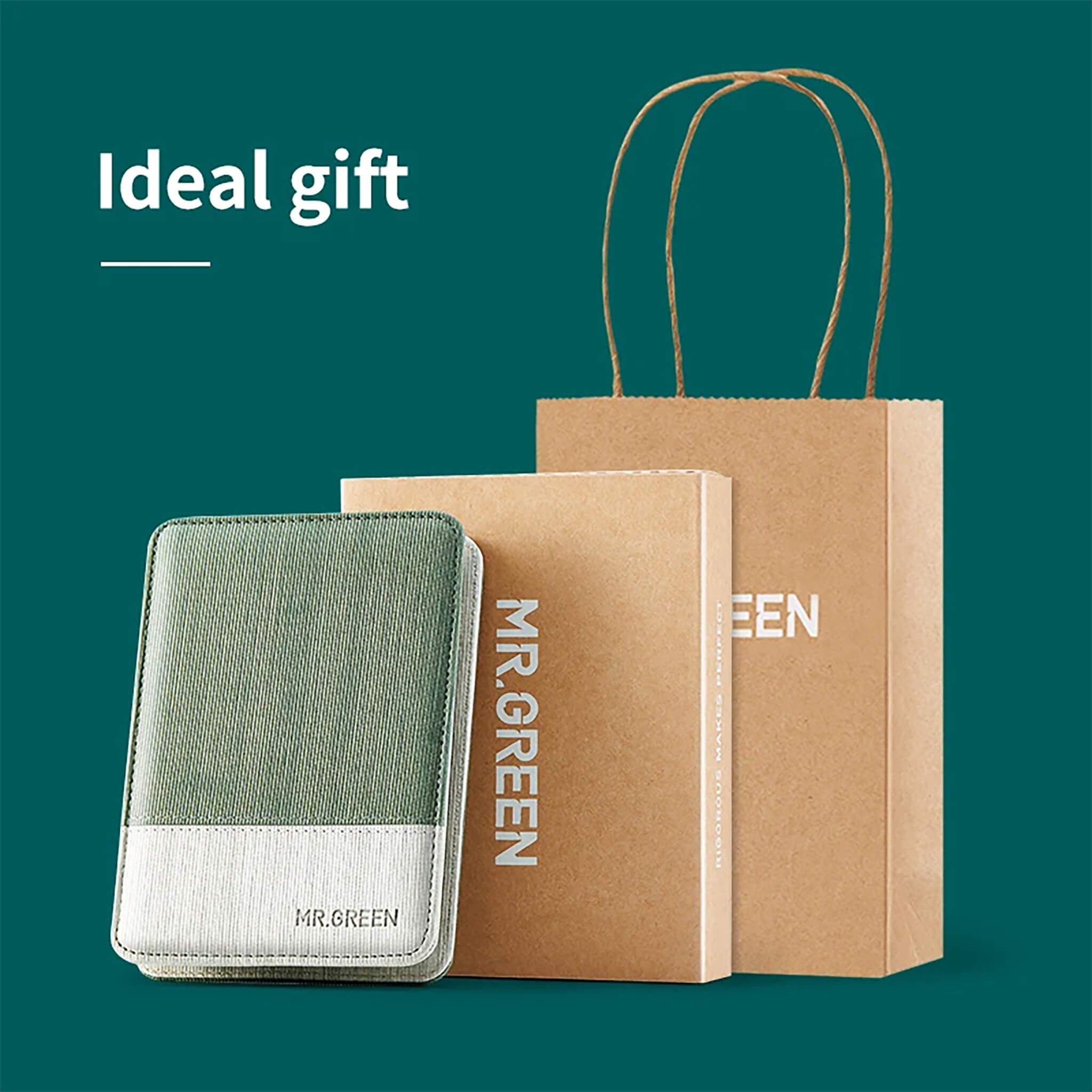 Confezione regalo MR.GREEN 8-in-1 con astuccio verde/argento, scatola rigida e shopper kraft brandizzata, pronta per regalo.