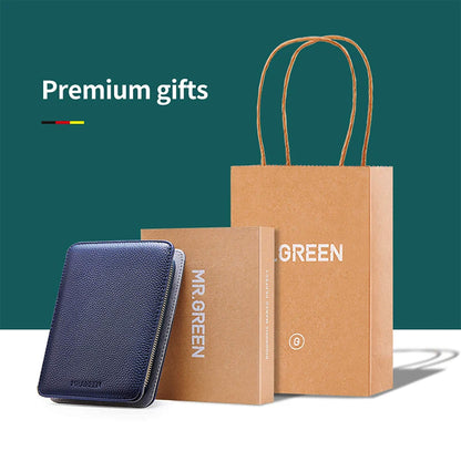 Confezione regalo MR.GREEN Innate Luxury con custodia in pelle blu, scatola rigida e shopper in carta kraft, elegante e pronta per regalo.