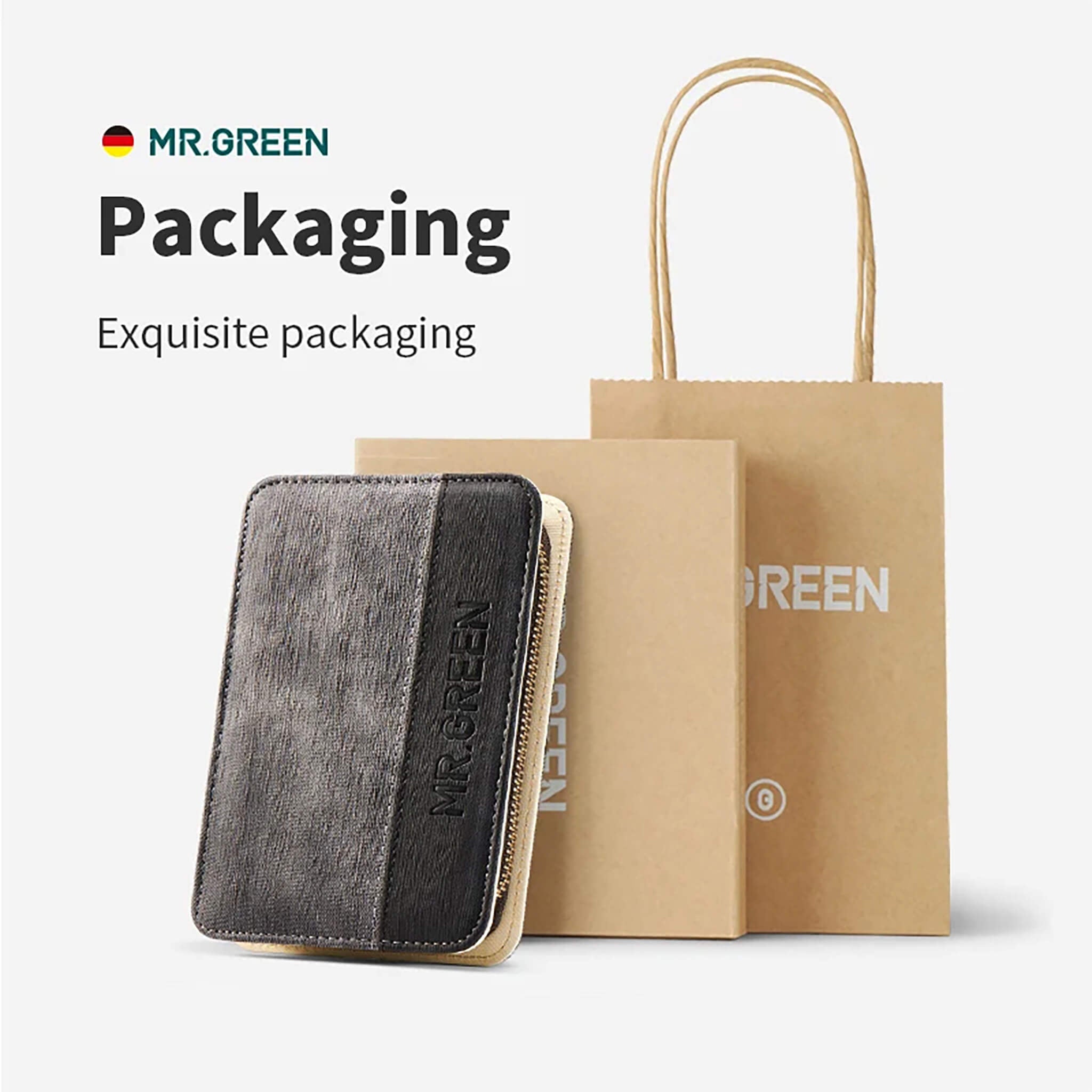 Confezione regalo MR.GREEN: astuccio grafite con zip dorata, scatola e shopper in carta kraft, presentazione elegante.