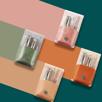 Conjunto de manicure portátil MR.GREEN com quatro estojos de couro coloridos—corta-unhas, pusher e lima de vidro, tamanho bolso