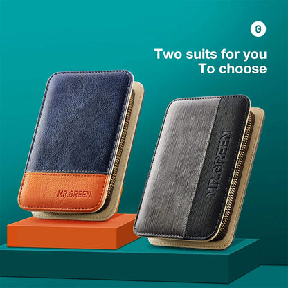 Estuches MR.GREEN para set de manicura: azul marino con naranja y negro grafito, diseño premium con cremallera dorada.