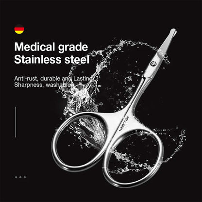 Forbicine MR.GREEN in acciaio inox grado medicale con punte arrotondate, antiruggine e lavabili; splash d’acqua su sfondo nero.