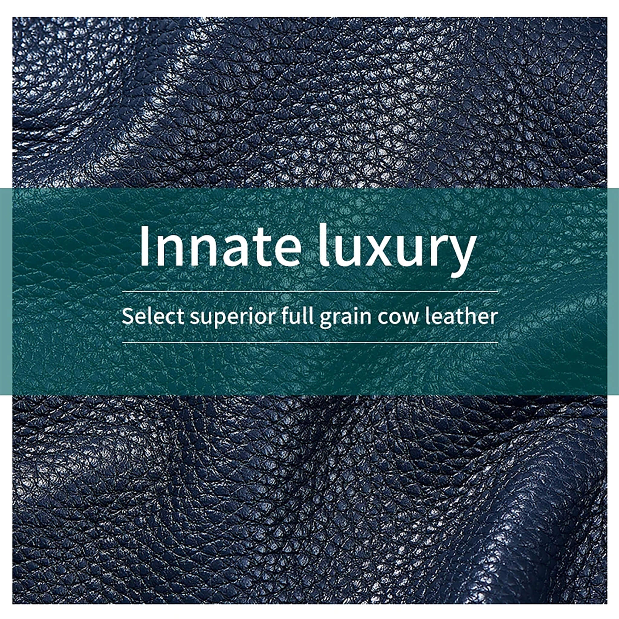 Gros plan de la texture en cuir pleine fleur bleu marine utilisée pour l’étui du set MR.GREEN Innate Luxury, finition premium au grain marqué.