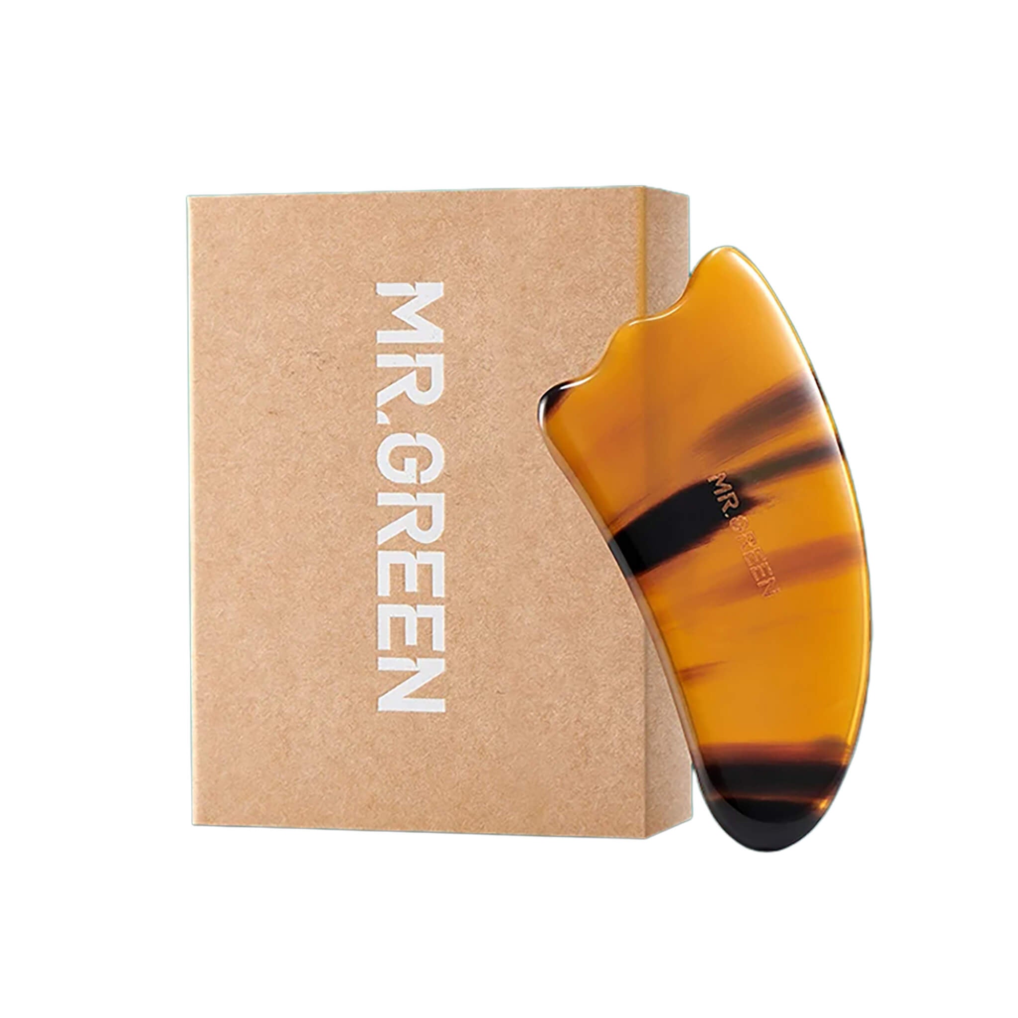 Gua sha MR.GREEN en corne de bœuf, bords lisses et forme ergonomique, idéal pour massage visage, cou et corps.