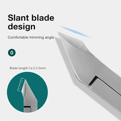Hoja inclinada de 5–5,5 mm del alicate MR.GREEN en acero inoxidable; diseño que no bloquea la vista para recortes limpios de cutícula y piel muerta.