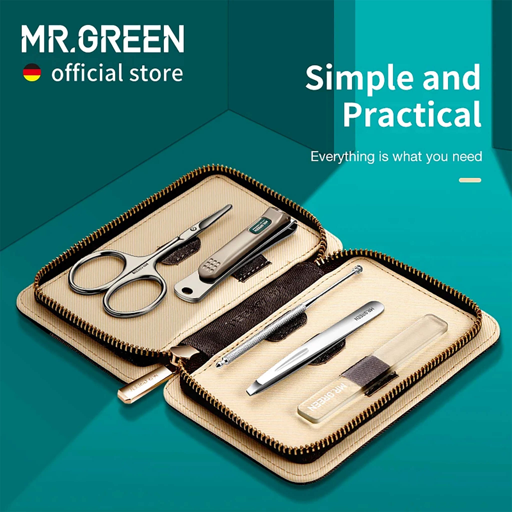 MR.GREEN 5-in-1 manicure set in beige zip case with scissors, clipper, tweezers, cuticle tool and glass file on teal.