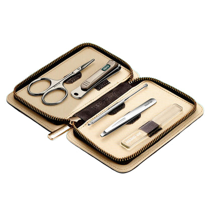 MR.GREEN 5-in-1 manicure set main image: beige leather case open showing scissors, clipper, tweezers, cuticle tool and glass file.