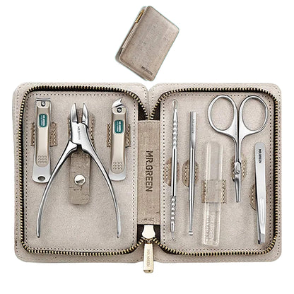 MR.GREEN 8-in-1 manicure set in light gray zip wallet with stainless clippers, toenail nipper, scissors, tweezers and nail file.