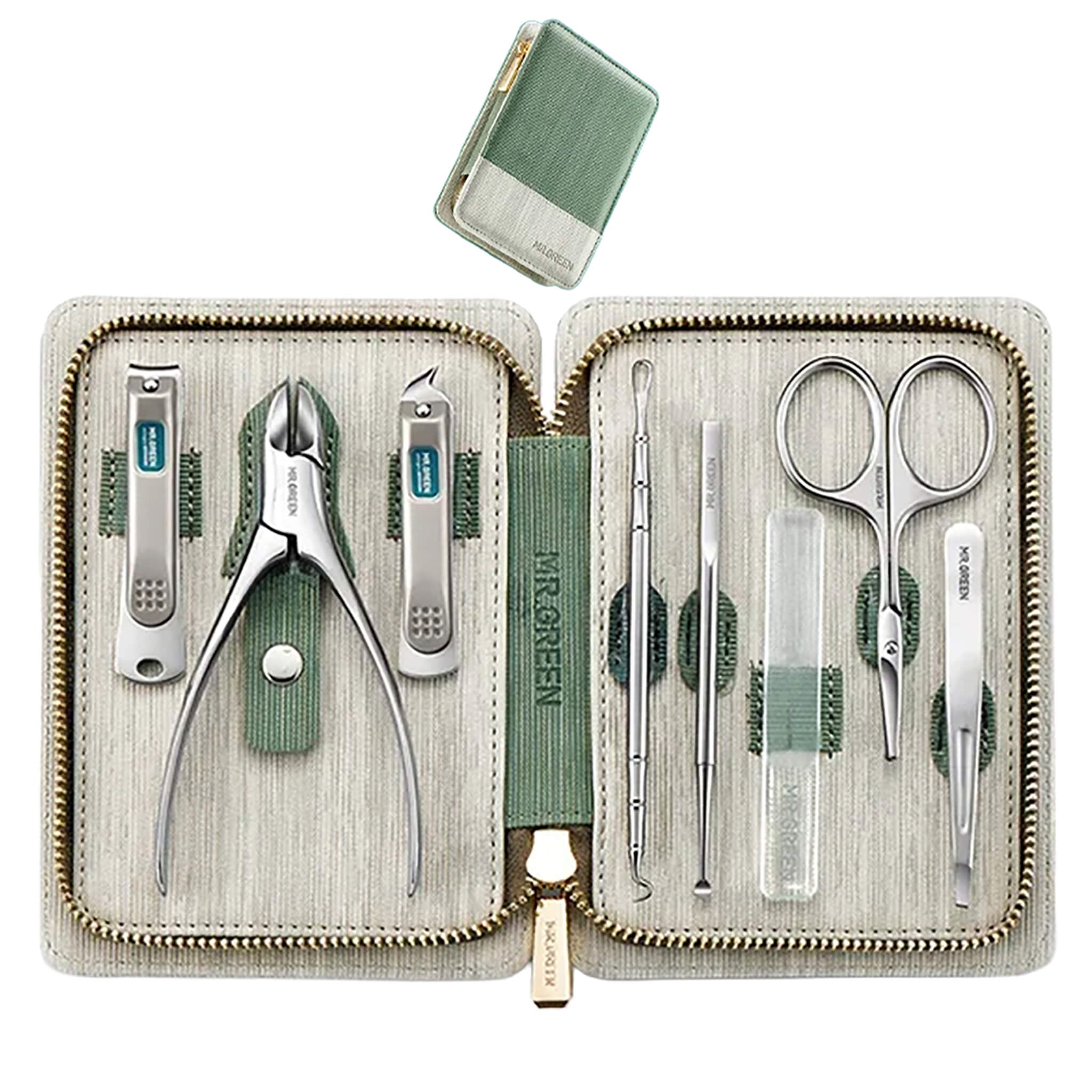 MR.GREEN 8-in-1 manicure set, light green/grey wallet case open with stainless clippers, nipper, scissors, tweezers and glass file.