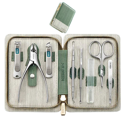 MR.GREEN 8-in-1 manicure set, light green/grey wallet case open with stainless clippers, nipper, scissors, tweezers and glass file.