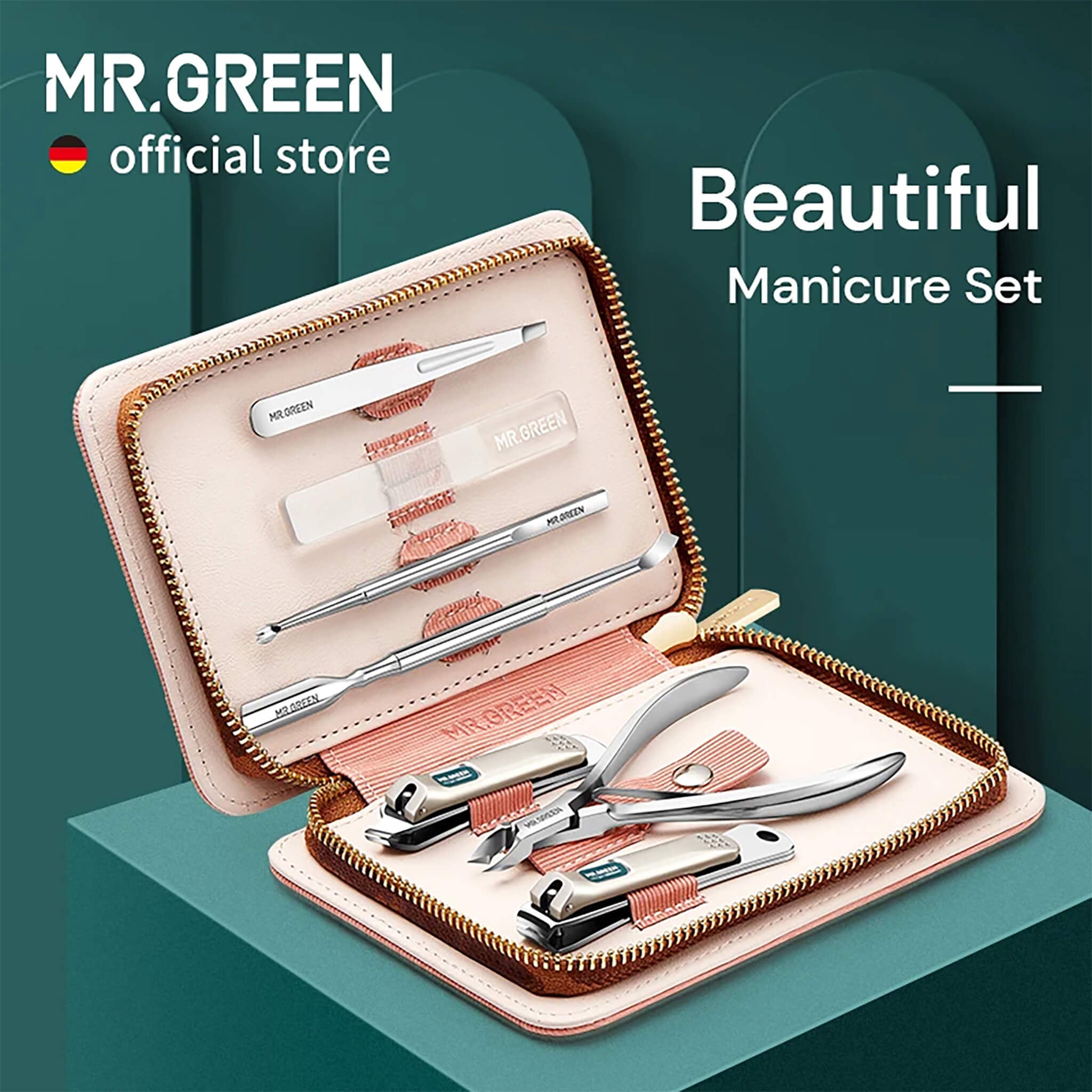 MR.GREEN beautiful manicure set in pink leather zip case with stainless-steel clippers, nipper, tweezers and nail file.