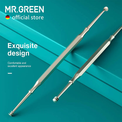 MR.GREEN double-head stainless steel ear wax remover with spiral spring tip, round ear spoon and anti-slip handle.