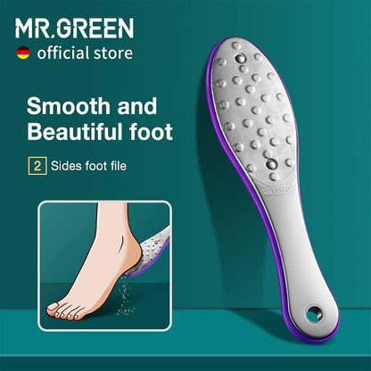 MR.GREEN double-sided stainless foot file with non-slip handle removes calluses and dead skin on heels and soles.