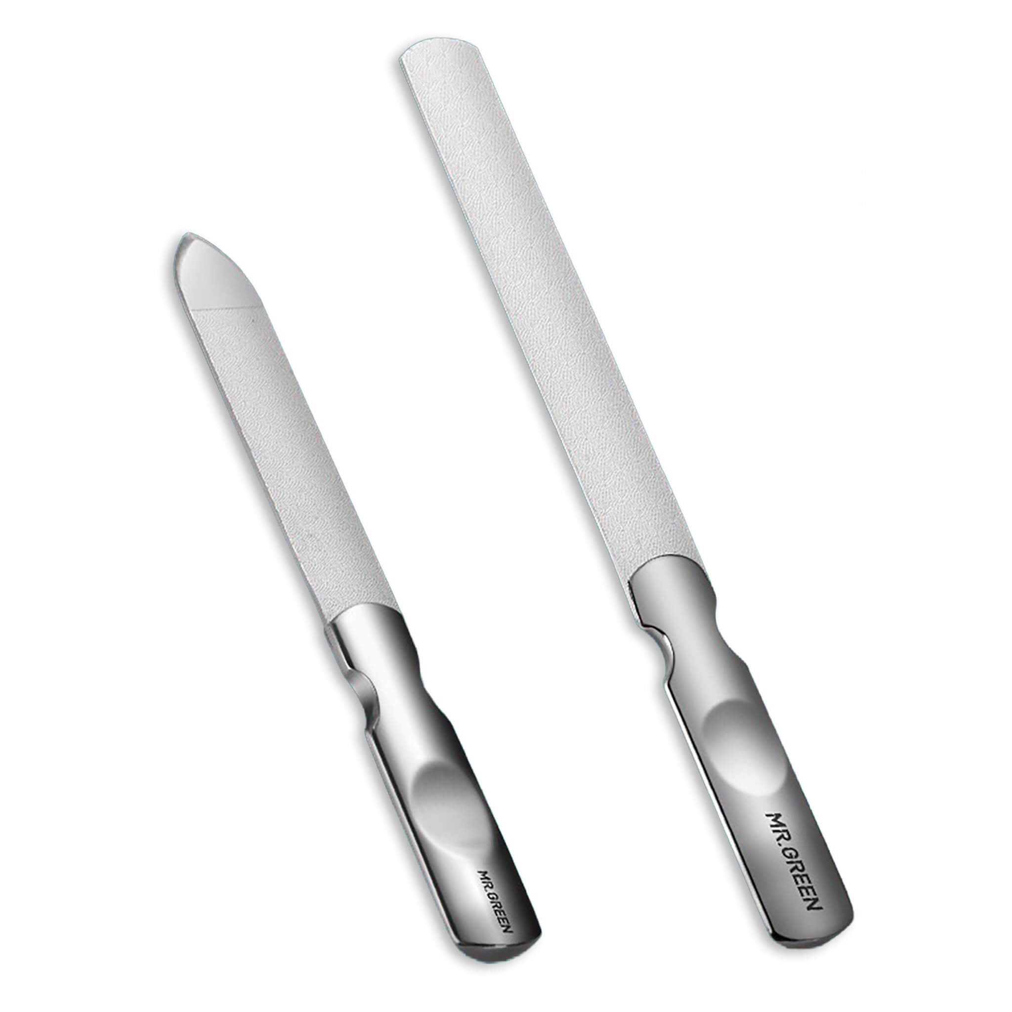 MR.GREEN nail file set, short + long stainless steel dual-grit files with grooved handles for precise, fast manicure results