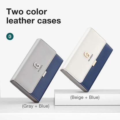 Estuches de cuero bicolor MR.GREEN 8 en 1—gris+azul y beige+azul, diseño tipo billetera con logo metálico y cierre magnético
