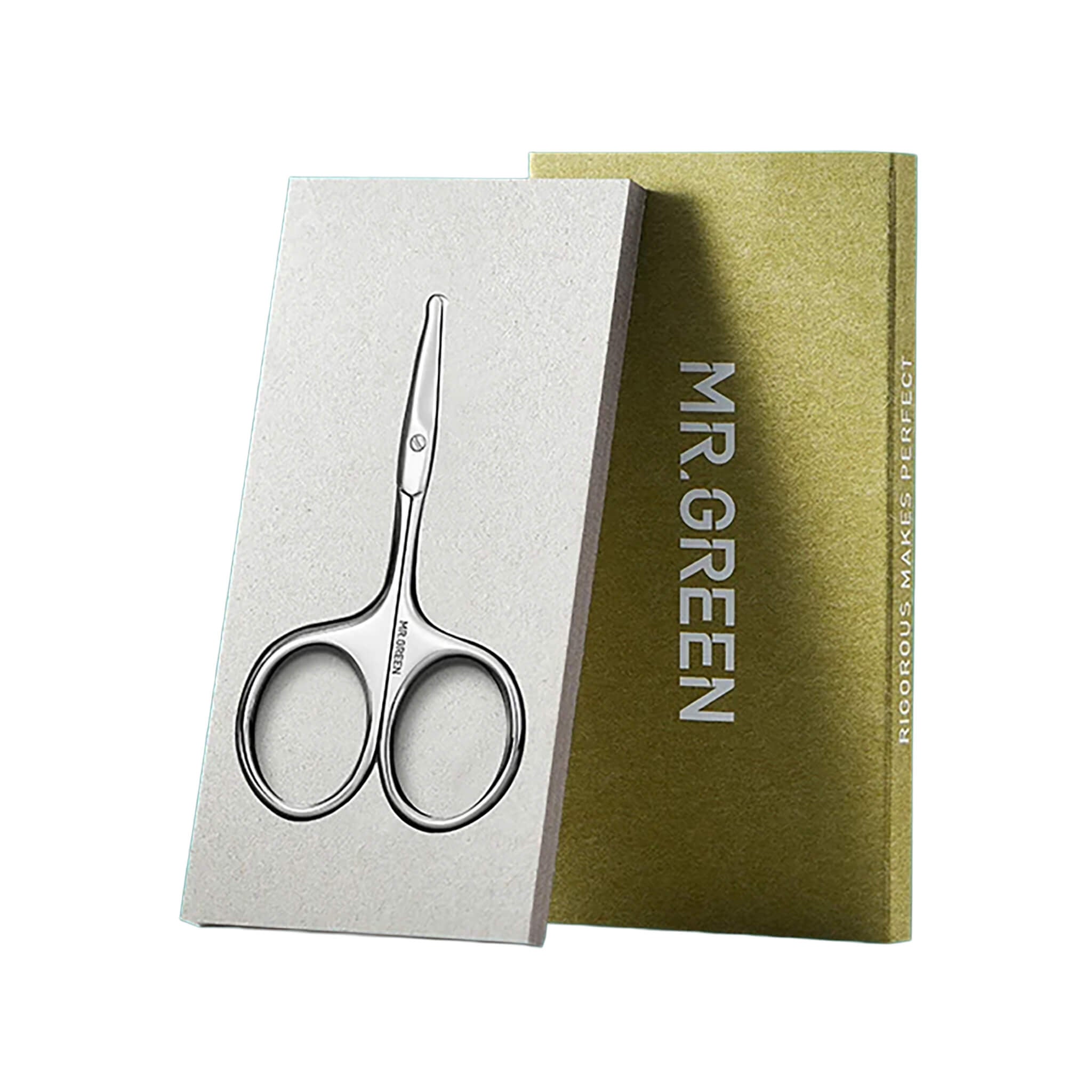 MR.GREEN facial hair scissors premium packaging gift box, branded rigid box with product illustration; clean white background.