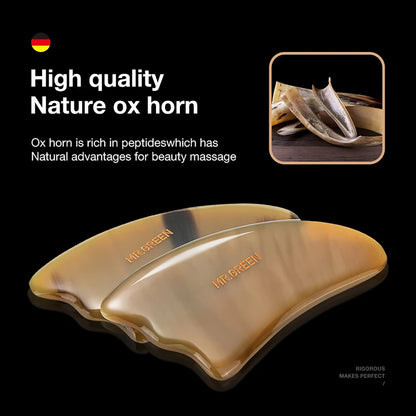 MR.GREEN Gua Sha aus Rinderhorn mit polierten Kanten und ergonomischer Form für Gesicht, Hals und Körpermassage.