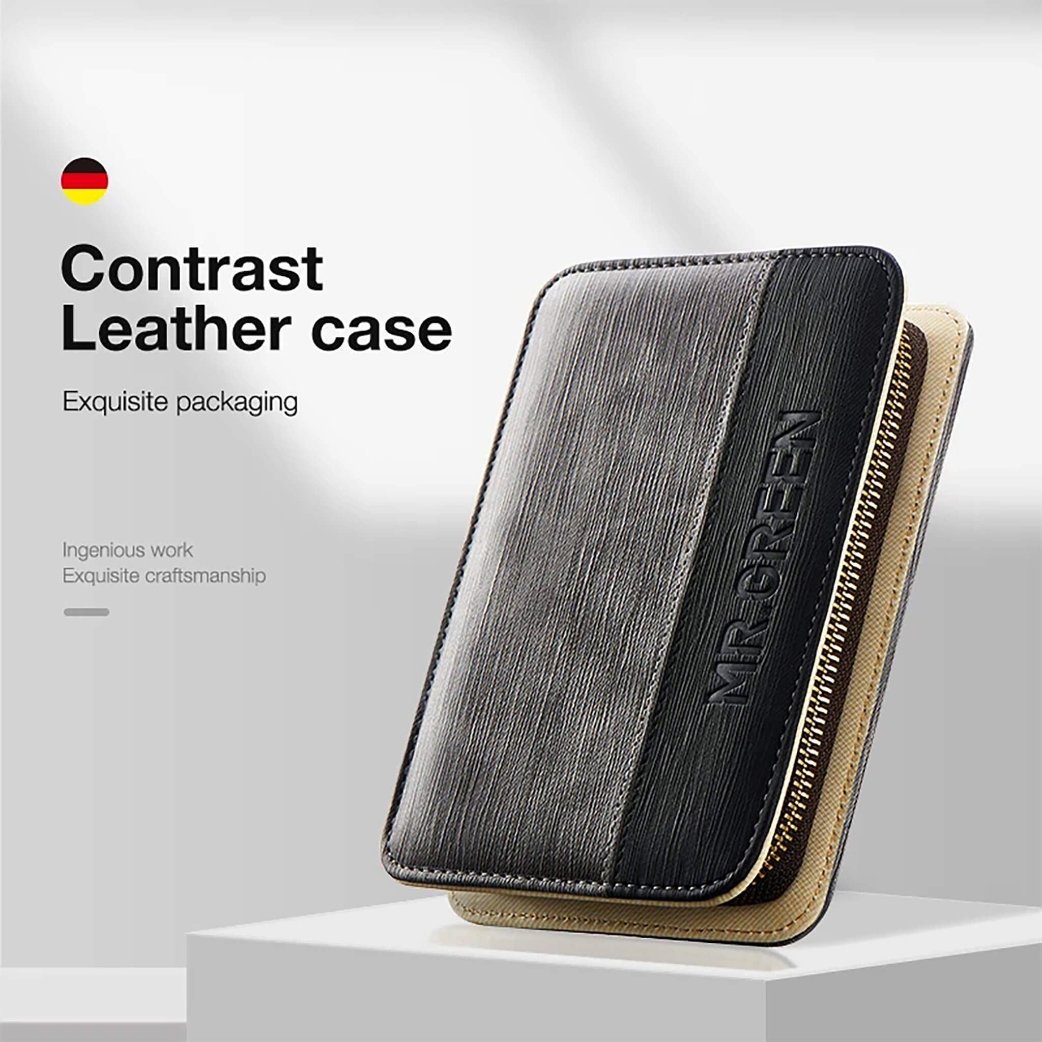 MR.GREEN Kontrast-Lederetui in Graphit/Schwarz mit goldenem Reißverschluss und Logo — Packaging fürs Maniküre-Set.