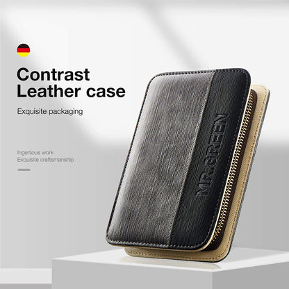 MR.GREEN Kontrast-Lederetui in Graphit/Schwarz mit goldenem Reißverschluss und Logo — Packaging fürs Maniküre-Set.