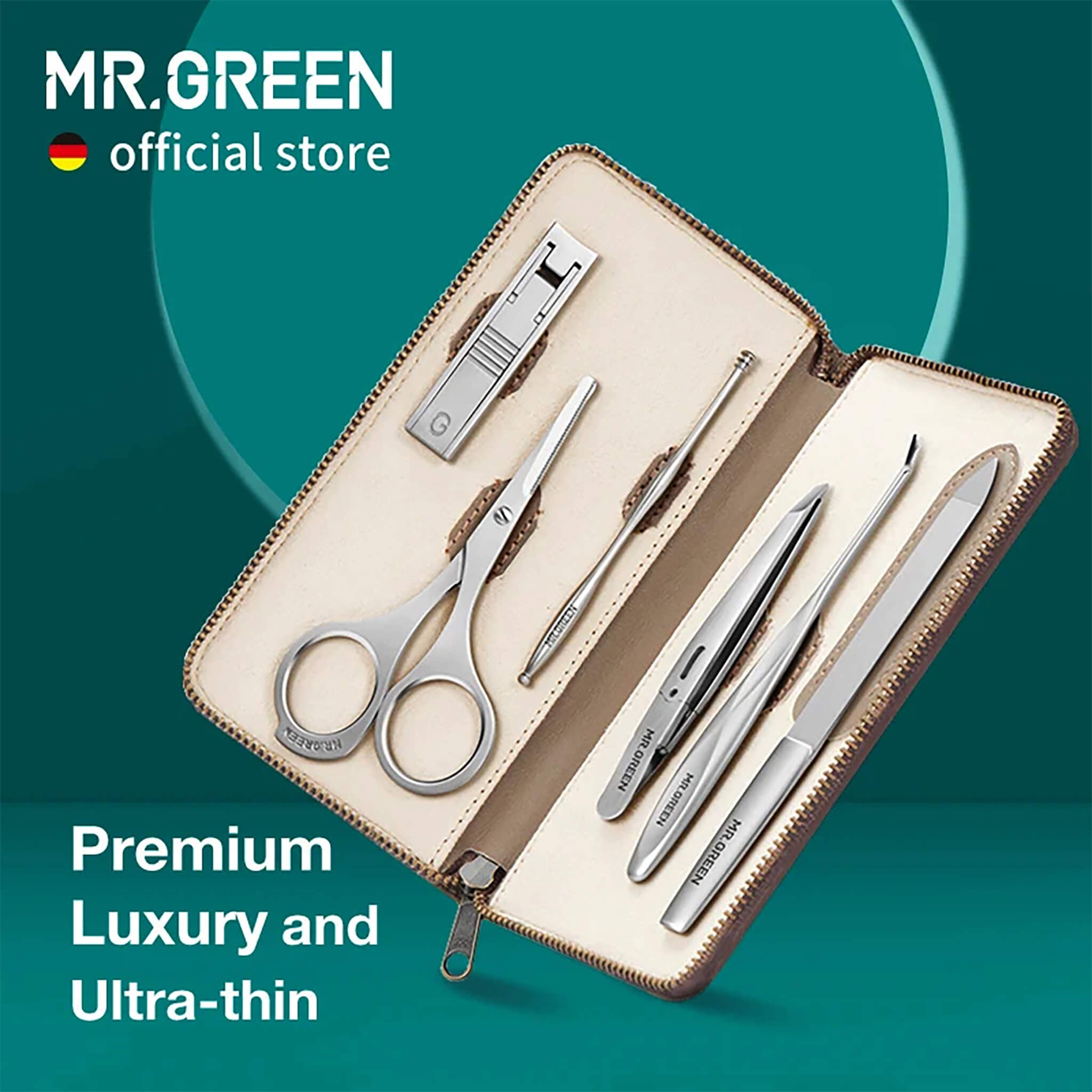 MR.GREEN luxury manicure set in ultra-thin travel case with stainless-steel tools for precise nail care at home, office, and travel.