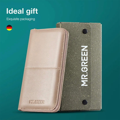 MR.GREEN Luxus-Maniküre-Set mit beigem Lederetui und grünem Geschenkkarton – hochwertige, geschenkfertige Verpackung für Reisen.