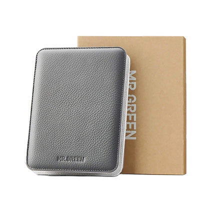 MR.GREEN Morandi Grey leather zip case with debossed logo beside branded kraft gift box, premium packaging for the manicure set.
