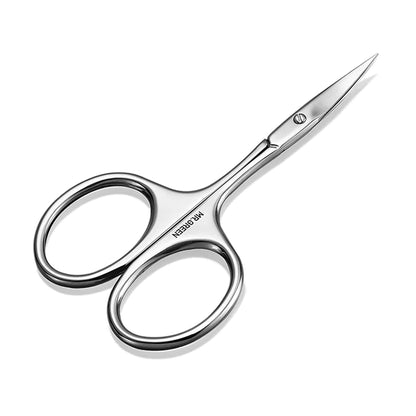 MR.GREEN MR-2001 curved eyebrow scissors, stainless steel fine-tip for accurate shaping; studio product image.