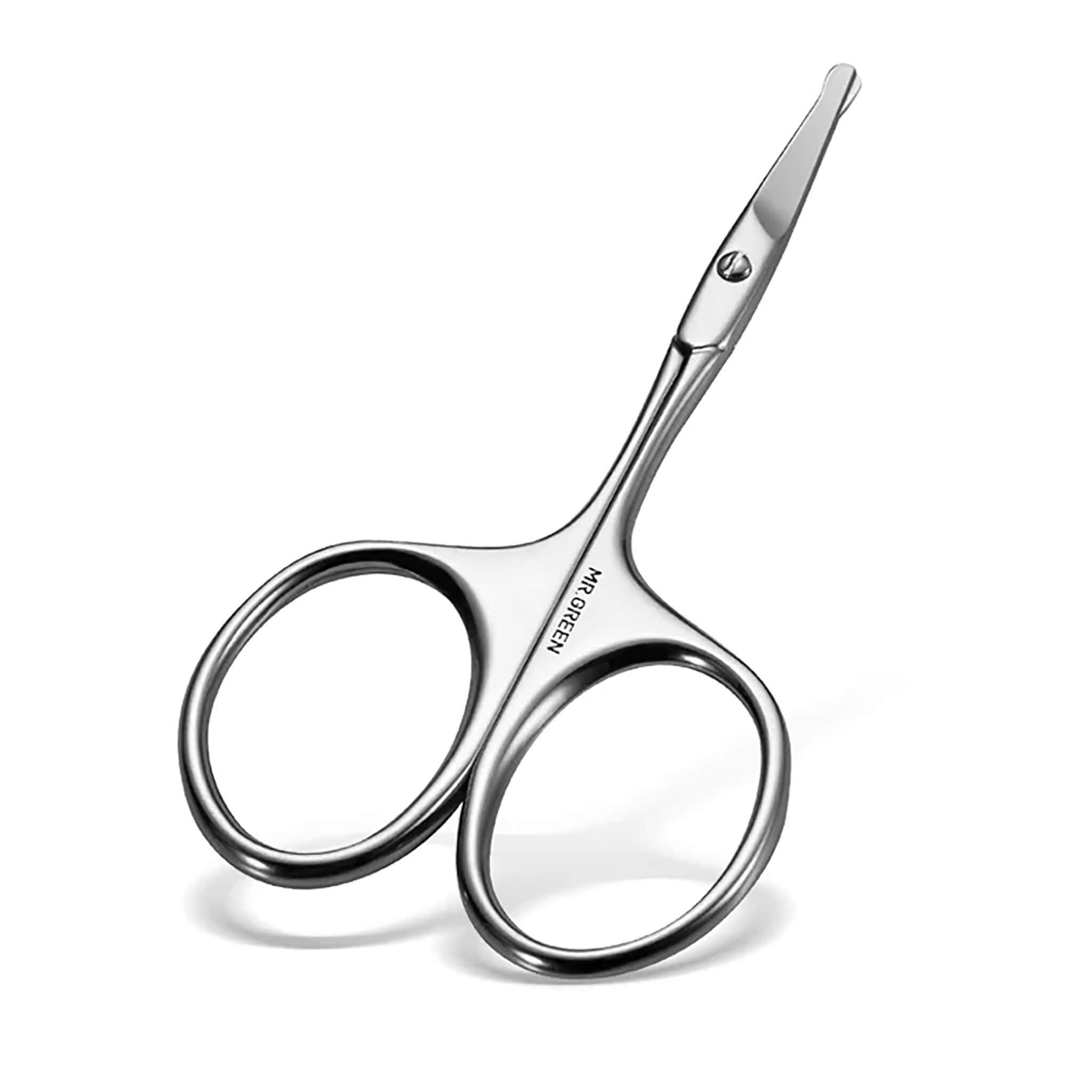 MR.GREEN MR-2002 facial hair scissors, rounded safety tips and ergonomic rings, stainless steel studio product photo on white.