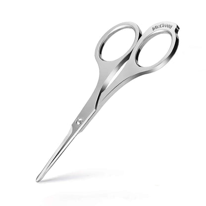 MR.GREEN MR-2005 nose hair scissors, rounded safety tips and ergonomic rings; stainless steel studio photo on white.