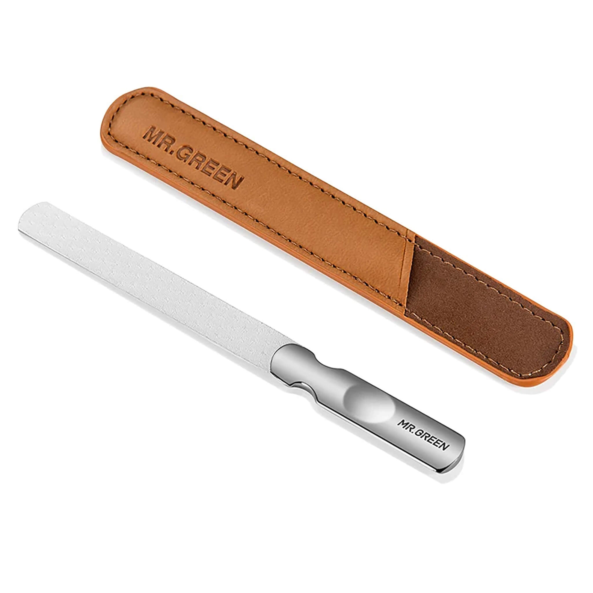 MR.GREEN MR-2105 long double-sided stainless steel nail file with PU leather holster for fast shaping and smooth finish