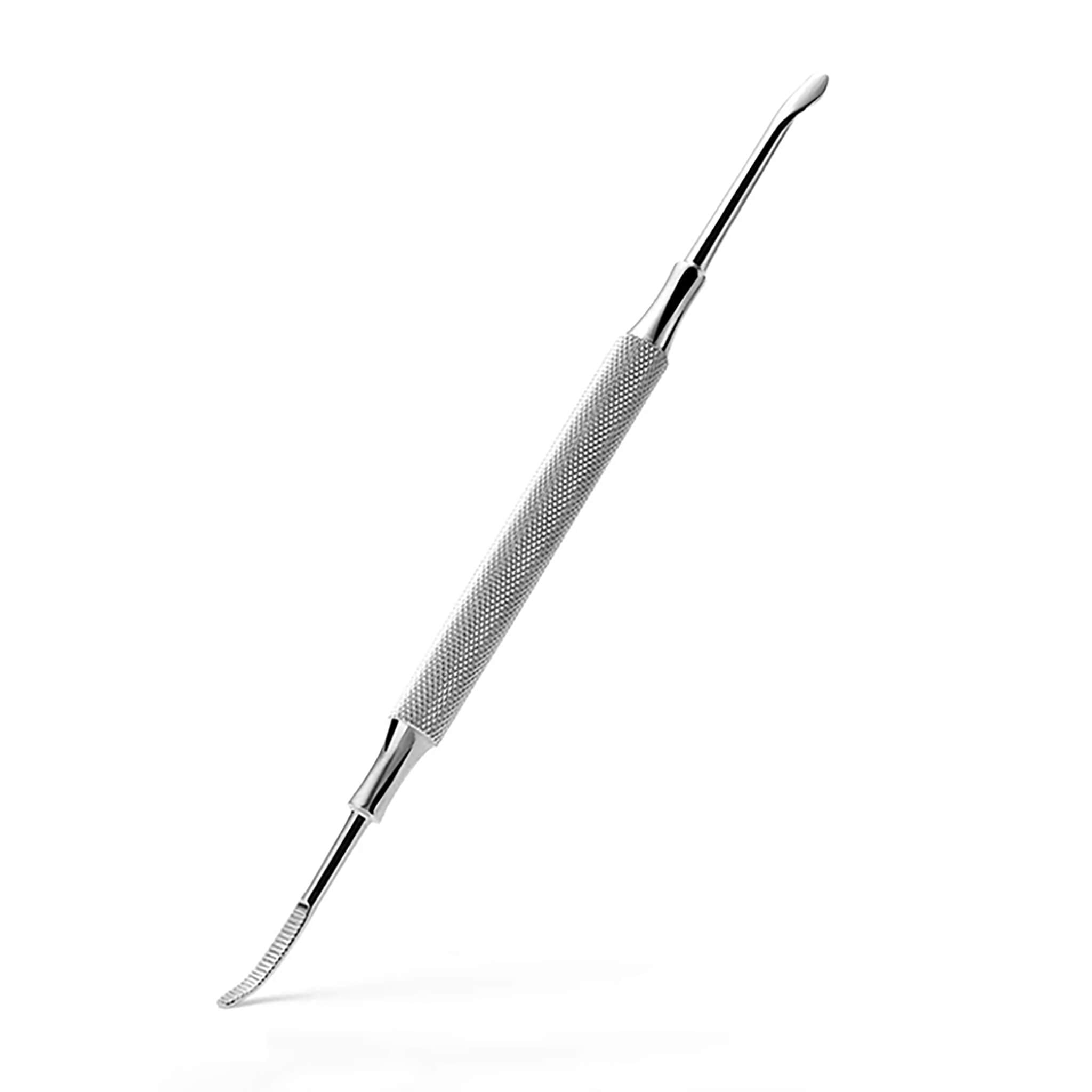 MR.GREEN MR-2158 double-ended nail care tool with U-shaped cuticle pusher and curved micro-serrated lifter, knurled anti-slip handle on white.