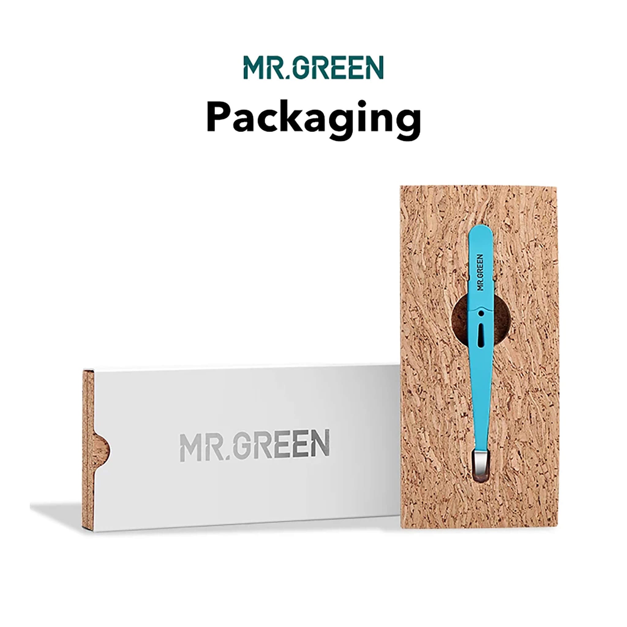 Confezione MR.GREEN MR-2168: pinzetta con supporto effetto sughero e sleeve bianco, presentazione regalo premium.