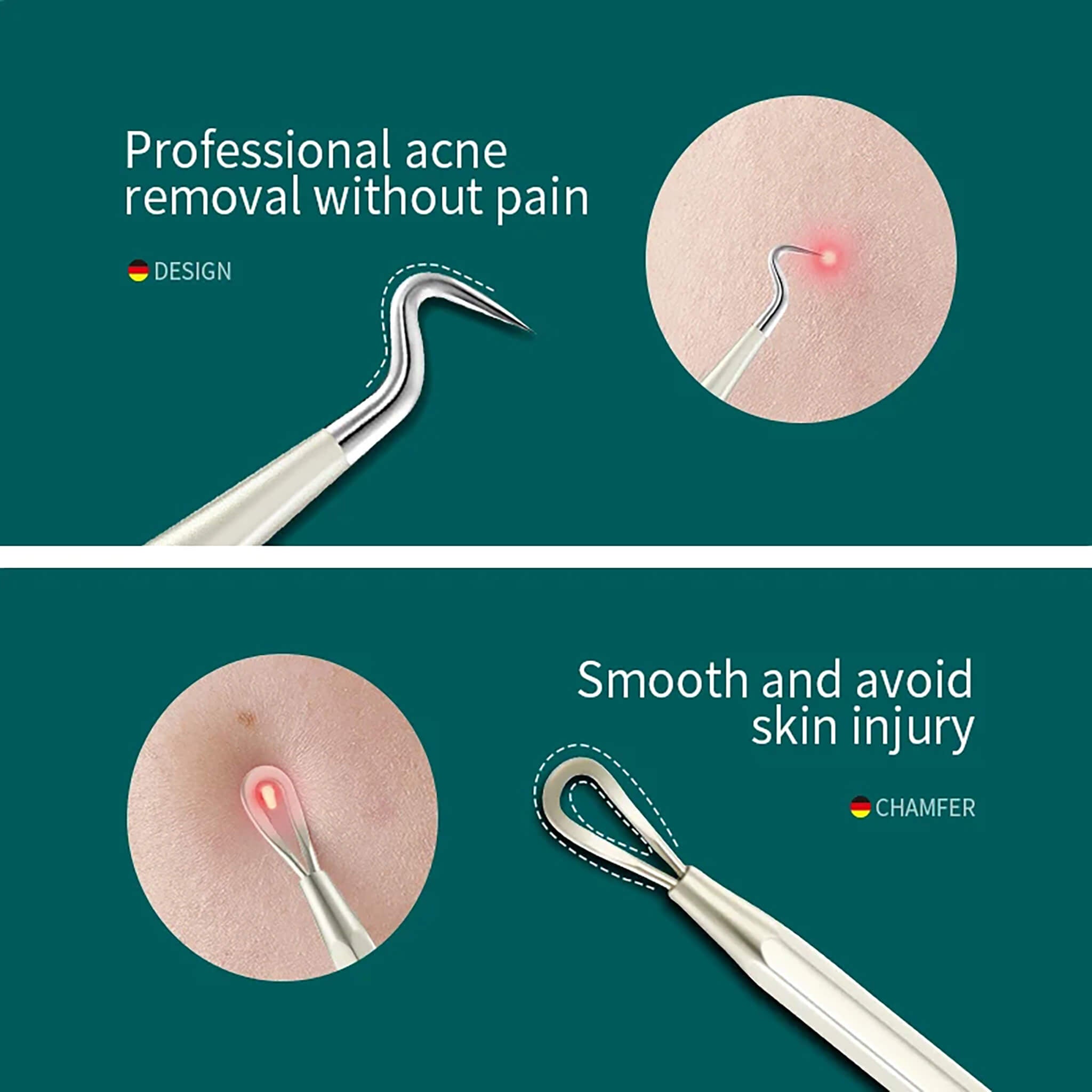 MR.GREEN MR-2177 extrator de cravos em aço inox com laço de chanfro suave e ponta em cotovelo para extração higiênica e confortável.