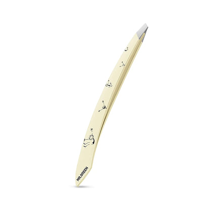 MR.GREEN MR-2193OW light-yellow curve-handle eyebrow tweezers with slanted stainless tips and anti-slip painted body.