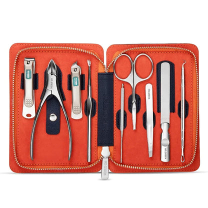 MR.GREEN MR-6019 9-in-1 professional manicure kit; open orange case with clippers, nipper, scissors, file, tweezers and cuticle tools.