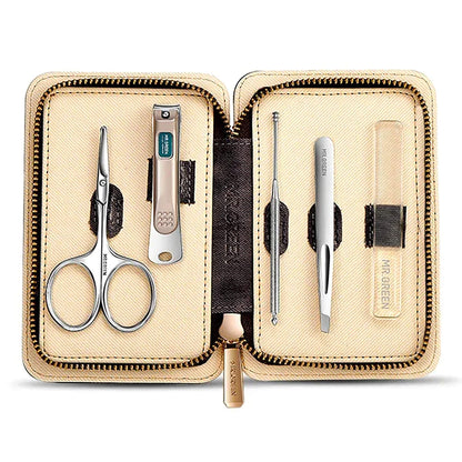 MR.GREEN MR-6025 5-piece manicure set in beige zip case with scissors, nail clipper, tweezers, cuticle tool and glass nail file.