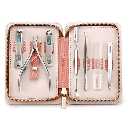 MR.GREEN MR-6032 manicure set, blush leather case with stainless-steel clippers, cuticle nipper, tweezers, glass file and cuticle tools.