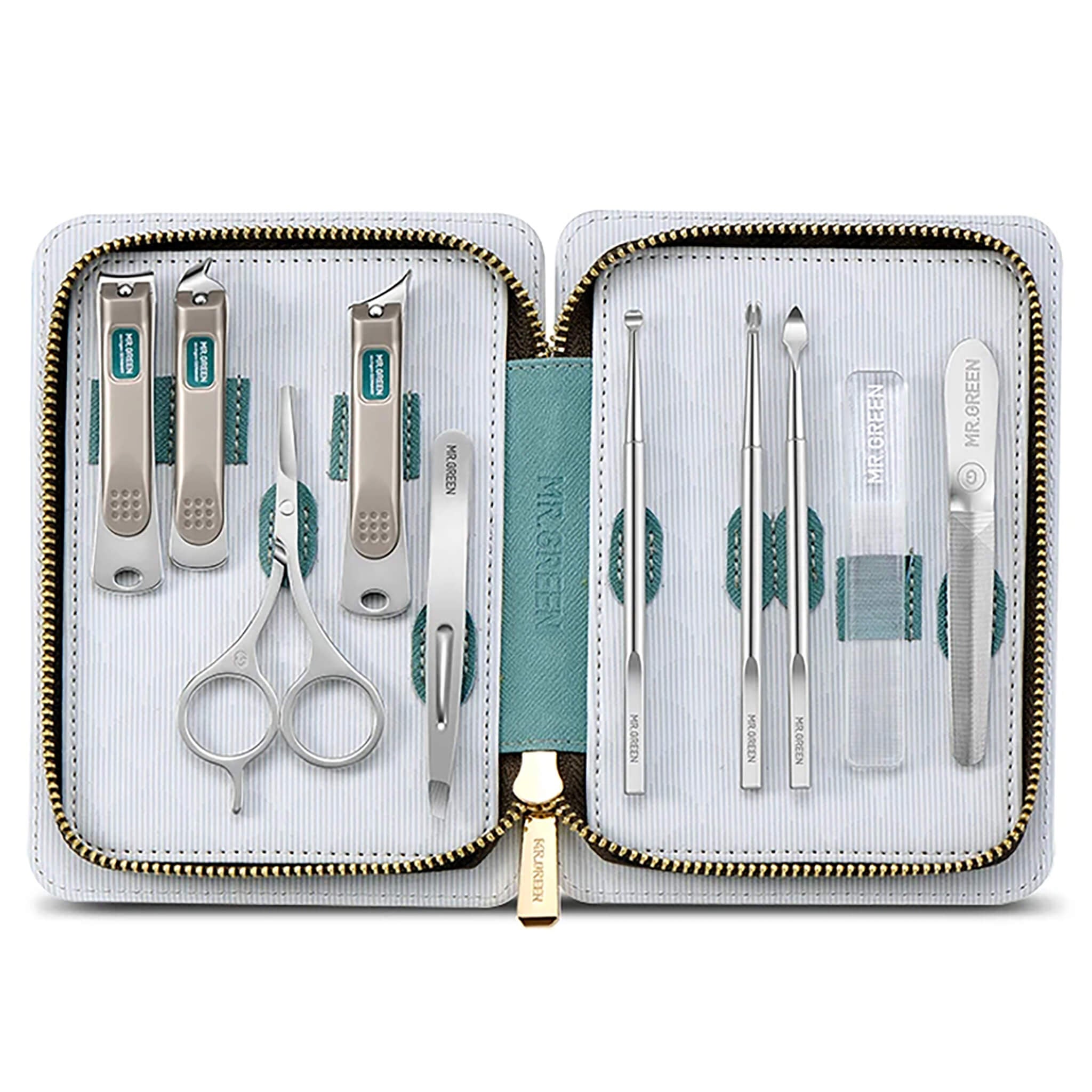 MR.GREEN MR-6063 Imprint manicure set open - zip wallet with 10 stainless steel tools, teal accents and gold zipper
