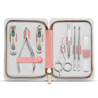 MR.GREEN MR-6066 manicure set open - zip wallet with 8 stainless steel tools, coral accents and gold zipper