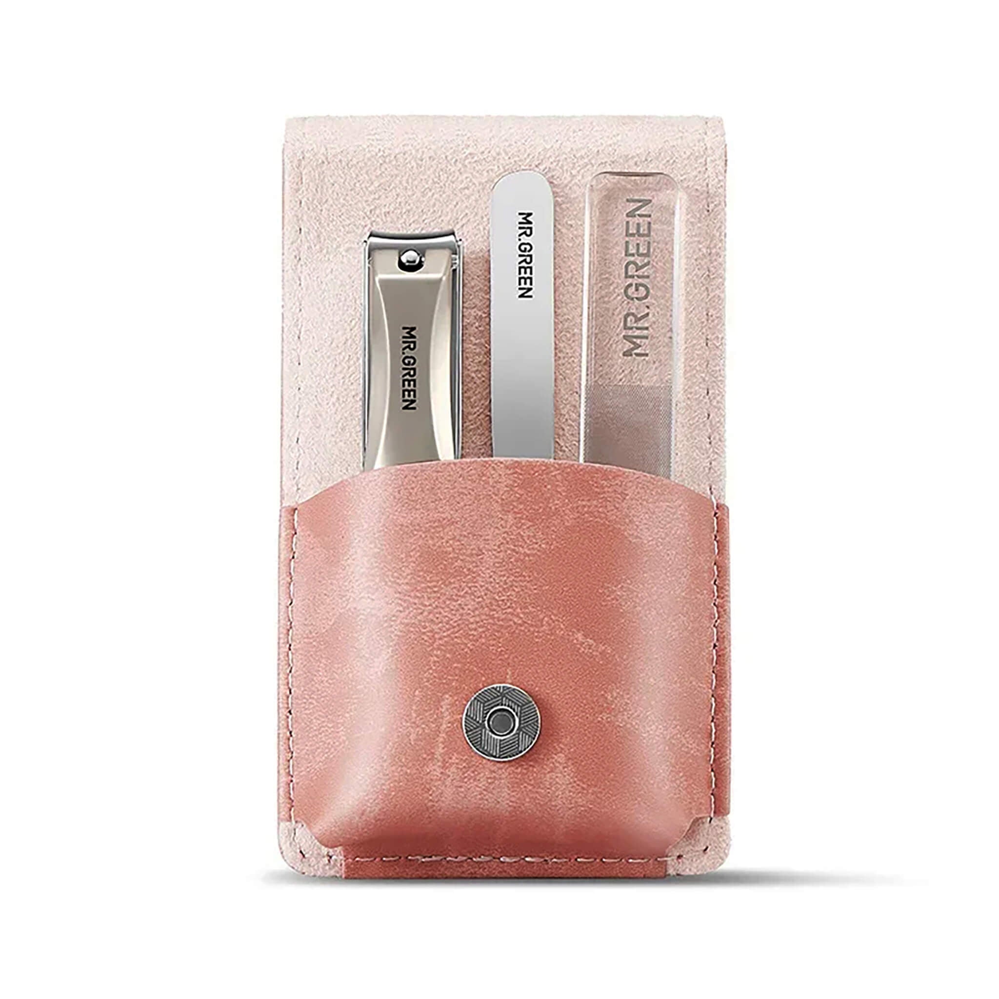 MR.GREEN MR-6302 set de manicura en estuche rosa con cortaúñas, lima metálica y lima de vidrio; tamaño bolsillo y listo para regalo