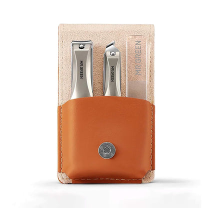 MR.GREEN MR-6303 portable manicure set—orange leather case with straight and oblique nail clippers plus glass nail file; compact