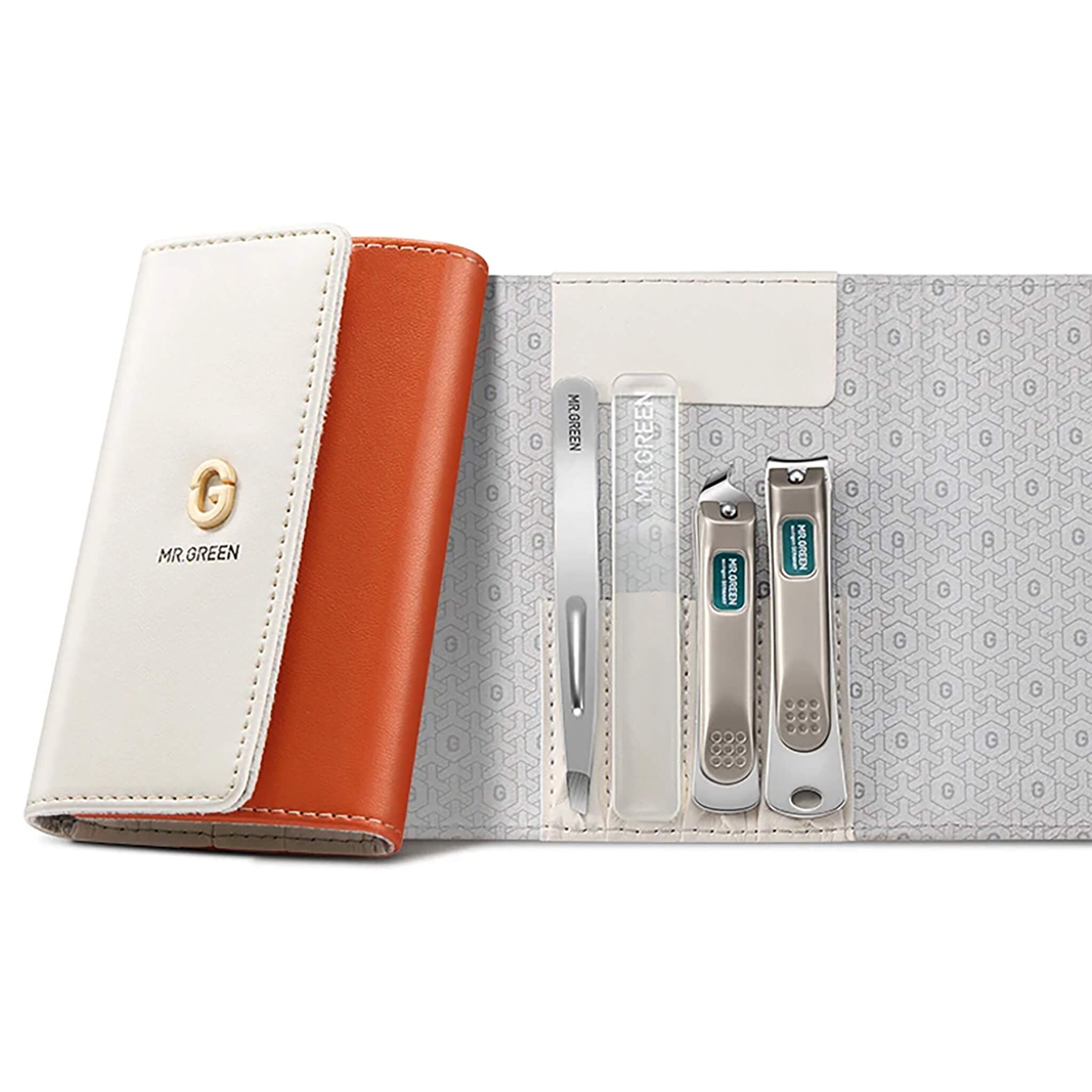 MR.GREEN MR-6683 estojo branco/laranja com pinça, lima de nano vidro e dois cortadores de unhas em inox, um oblíquo e um clássico.