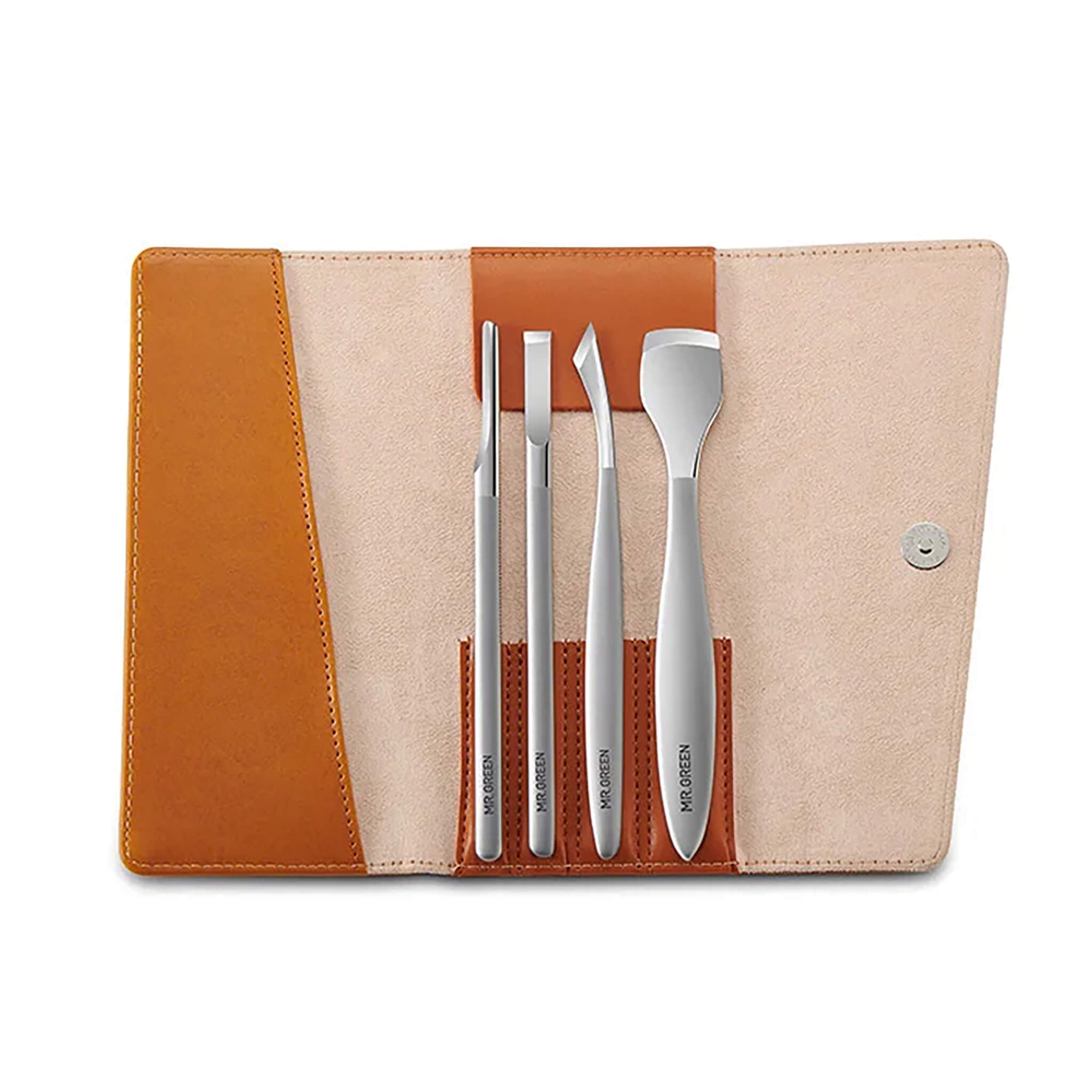 MR.GREEN MR-9103 set pédicure 5 pièces dans étui cuir, outils en acier inox chirurgical pour callosités et cuticules.