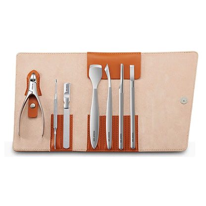 MR.GREEN MR-9108 8-piece professional pedicure kit in tan leather case with surgical stainless steel tools.
